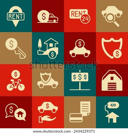 Set House with dollar, Garage, Shield, Rent, key, Location and Car rental icon. Vector