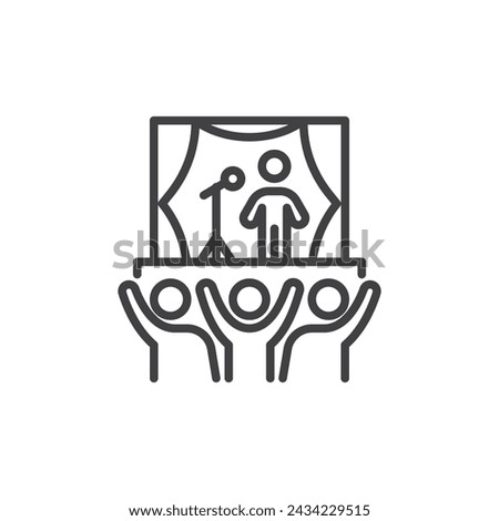 Concert stage with artist and audience line icon. linear style sign for mobile concept and web design. Live music performance outline vector icon. Symbol, logo illustration. Vector graphics