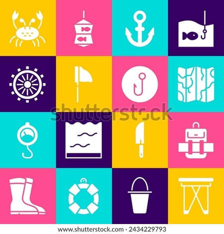 Set Folding chair, Hiking backpack, Folded map, Anchor, Fishing net with fish, Ship steering wheel, Crab and hook icon. Vector