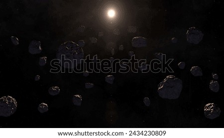 Asteroids and sun. Dark outer space, meteorites or debris of a destroyed planet and sun. High resolution image. Elements of this image furnished by NASA.