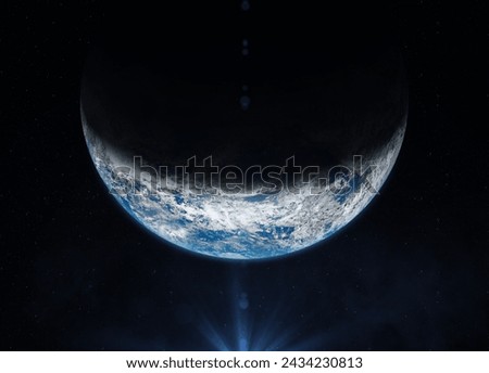 Blue Earth. Planet Earth with sunrise in space. Border of day and night is called the terminator or twilight zone. Elements of this image furnished by NASA.