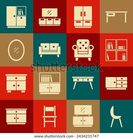 Set Armchair, Chest of drawers, Shelf with books, Wardrobe, Sofa, Mirror,  and  icon. Vector