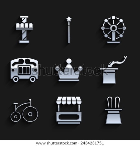 Set Jester hat with bells, Fast street food cart, Magician and rabbit ears, Vintage bicycle, Circus wagon, Ferris wheel and Attraction carousel icon. Vector
