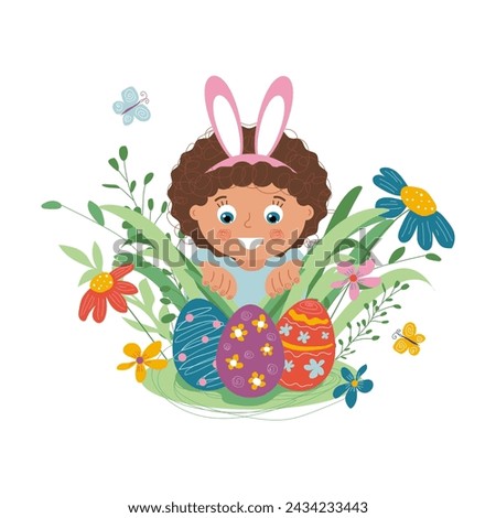 Child found Easter eggs in the grass.Outdoor Easter egg hunt.Vector stock illustration.
