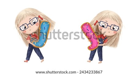 Cute little girl with chocolate donut- letter J. Tasty set on white background. Learn alphabet clip art collection