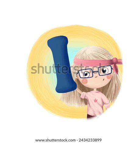 Cute little girl with letter I. Colorful cartoon graphics. Learn alphabet clip art collection on white background