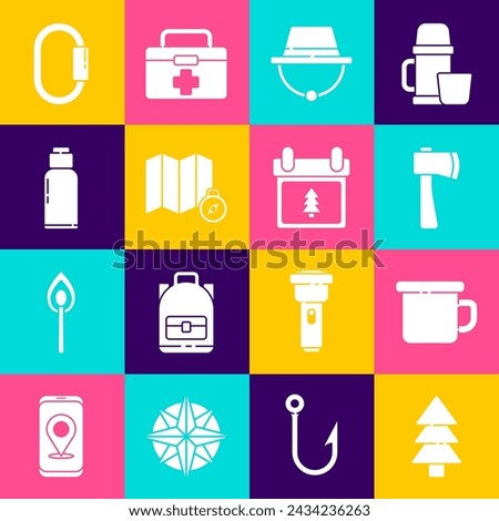Set Tree, Camping metal mug, Wooden axe, hat, Location of the forest on map, Canteen water bottle, Carabiner and Calendar with tree icon. Vector