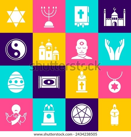 Set Monk, Star of David necklace chain, Hands praying position, Holy bible book, Church building, Yin Yang,  and Man with third eye icon. Vector