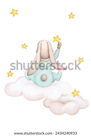 Baby bunny flies on a cloud. Children's illustration. Hand drawn watercolor. Baby shower, birthday, children's party. Clipart for print, invitation, poster, greeting card, postcard.