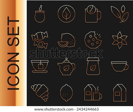 Set line Paper package for milk, Cup of tea, Flower, Tea time, Lemon, Candy, Mate and Cookie biscuit icon. Vector