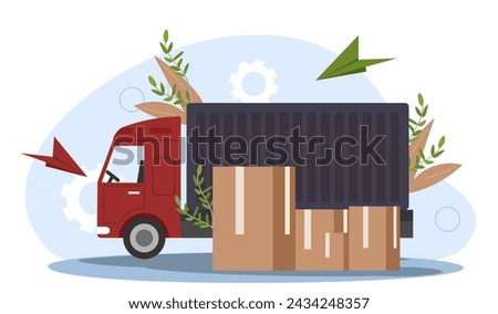 Delivery truck concept. Vehicle near cardboard boxes. Shipping and transportation, home delivery. Import and export of goods. Cartoon flat vector illustration isolated on white background