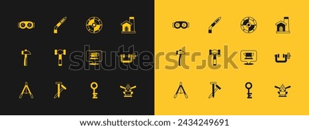 Set Smithy workshop interior, Metallic nails, Blacksmith anvil tool, Old key, Hammer, Round shield, Welding glasses and torch icon. Vector