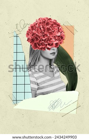 Vertical creative image standing young girl half head flower hide eyes no vision natural beauty paper pieces portrait drawing background