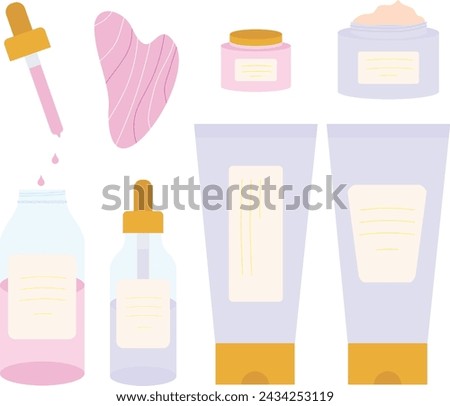 Vector clip art with organic skin care products, Gua sha stone, face oil, face cream, massage oil, serum, eye cream, mask. Home beauty skin care routine.