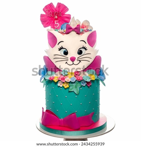 Cat theme birthday cake for kids, green color on white background. Modern wafer paper cakes. The cakes make of wafer paper hand made.