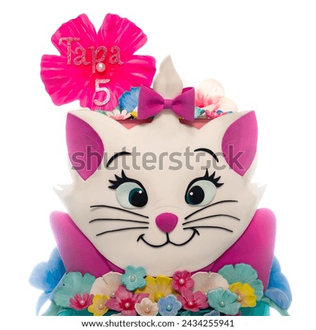 Cat theme birthday cake for kids, green color on white background. Modern wafer paper cakes. The cakes make of wafer paper hand made.