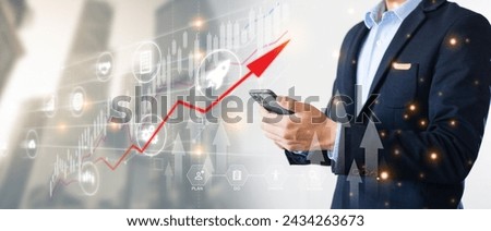 Successful career takeoff. Profitable investment, business concept. Businessman using tablet analyzing sales data and economic growth graph chart. Business strategy. Abstract icon. Digital marketing.