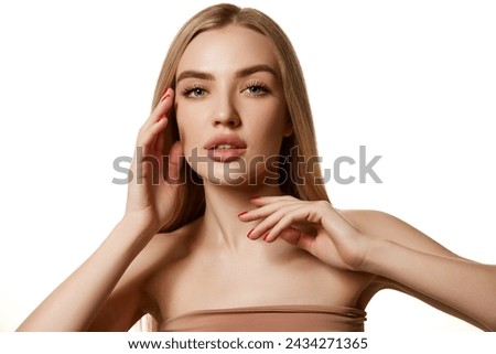Portrait of young blonde beautiful woman with perfect smooth skin isolated on white background. Taking care after skin condition. Concept of natural beauty, cosmetology, cosmetics, skincare and health