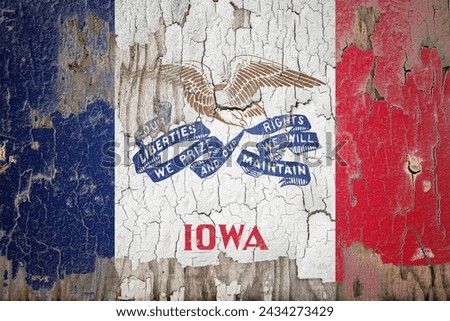 Iowa flag and paint cracks. Prison concept with border image. Iowa is currently heading toward recession. Inflation. employment. economic recession. Double exposure hologram Royalty-Free Stock Photo #2434273429