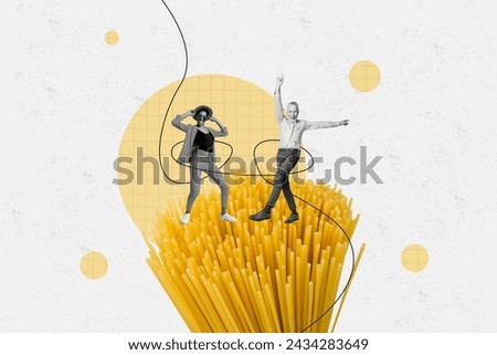 Collage picture of two mini black white colors overjoyed people dancing huge spaghetti isolated on painted background
