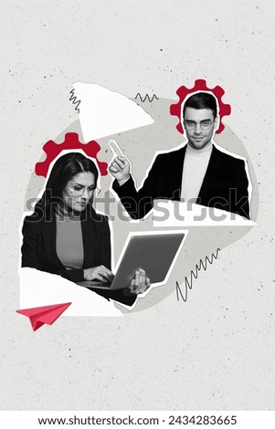 Vertical collage photo of business concept boss man pointing finger at new idea for front end developer isolated on gray background