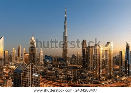 Dubai Burj Khalifa skyline tallest building in the world top view at twilight downtown skyscrapers Royalty-Free Stock Photo #2434288497