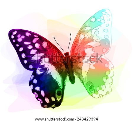Butterfly. Iridescen colours. Unfinished Watercolor drawing imitation. Vector illustration.