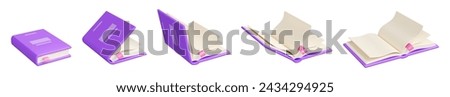 Book closed and open. 3d render illustration set of animation various stages and steps of literature opening process. Textbook with blank white paper pages, purple hard cover and. 3D Illustration
