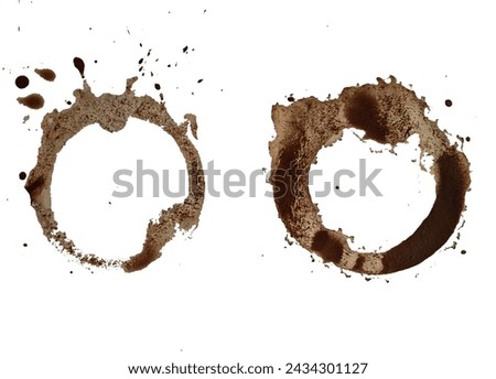 Coffee cup stains, coffee or tea stains and traces -  isolated clip art on white background. Splashes of cups, mugs and drops.  High quality set for your menu, bar,  illustration, my original work. 