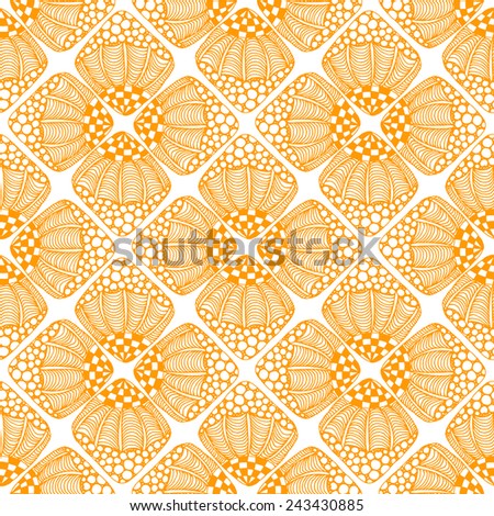 Abstract seamless pattern of orange squares with the cell, bubbles, circles and waves. Doodle style. Can be used to design the covers of books, notebooks, CD, paper and others.