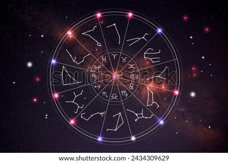 Zodiac wheel with symbols and constellation stick figure patterns against space