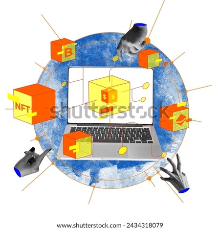 Creative collage. Hands reaching laptop with dollar sign and floating 3D crypto icons on blue digital globe. Rise of NFTs and market impact. Concept of cryptocurrency, business, trading, virtual money