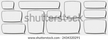 Set of square, rectangular comic speech bubbles with empty space for text. Vector illustration in retro style with halftone effect shadow on a transparent background as a png.