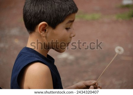 Little boy blowing on a dandelion. 