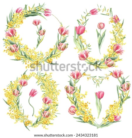 Watercolor floral illustration set yellow mimosa, pink tulips, wreaths, frames, green leaf branches collection, for wedding stationary, greetings, wallpapers, fashion, background.