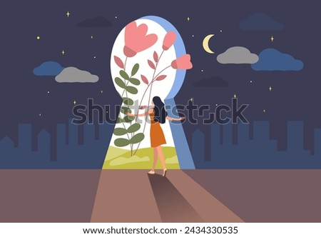 Discovery yourself. Dream self freedom. Find emotions inside. Belief and identity development. Mental improvement. Door keyhole. Unknown way portal. Psychology concept. Vector illustration Royalty-Free Stock Photo #2434330535