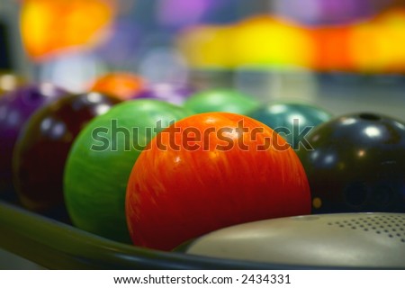 Nice close-up of the colored bowling balls