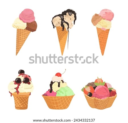 Ice cream vector set illustration. Cartoon summer ice cream cone, strawberry, chocolate, vanilla, green tea and pistachio in waffle the cone isolated on white background.