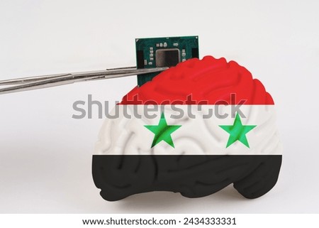 On a white background, a model of the brain with a picture of a flag - Syria, a microcircuit, a processor, is implanted into it. Close-up