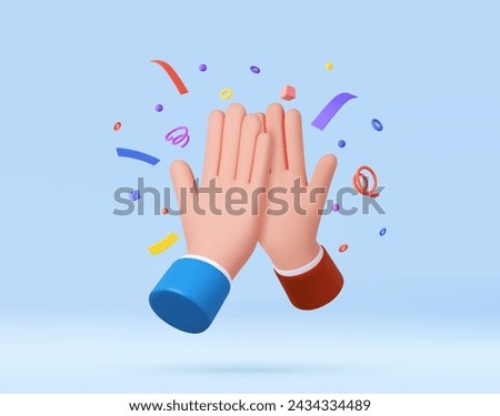 3d High Five Hands with Confetti. Hand Greeting Symbol. Human Fist in Goodwill Gesture. Emoji Icon. Open Palm Hand. 3d rendering. Vector illustration