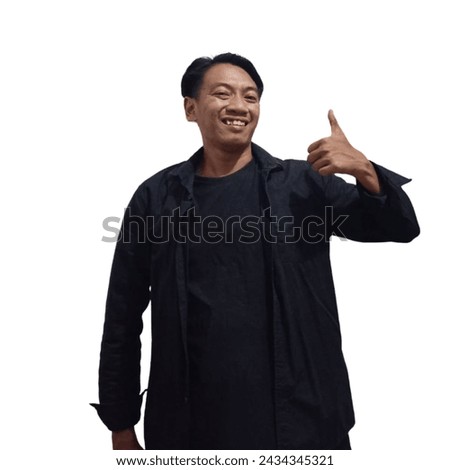 Portrait of nice positive asian handsome guy toothy smile making selfie demonstrating thumb up isolated on white color background