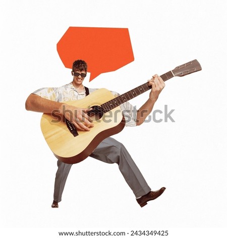 Poster. contemporary art collage. Young man with small body and long legs and arms playing new melody on guitar. Concept of music and dance, self-expression, inspiration. Trendy urban magazine style