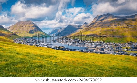 Landscape photography. Impressive morning view of Klaksvik town. Stunning summer scene of Faroe Islands, Denmark, Europe. Traveling concept background.

