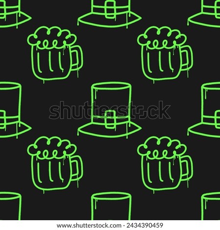 St. Patrick's day graffiti clip art. Urban street style. Beer and leprechaun hat print. Green irish seamless pattern. Y2k sign. Splash effects and drops. Grunge and spray texture.