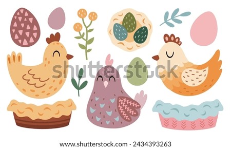 Easter chicks clipart. Chicken clipart. Happy Easter clip art in cartoon flat style, perfect for scrapbooking, stickers, tags, greeting cards, invitations, decor. Hand drawn vector illustration.