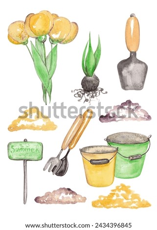 Clip-art of gardener and cleaning. Spring break at the dacha. Isolated watercolor illustrations