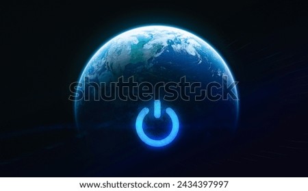 Earth globe with power switch symbol. Earth Hour concept. Earth planet on black background. Elements of this image furnished by NASA Royalty-Free Stock Photo #2434397997