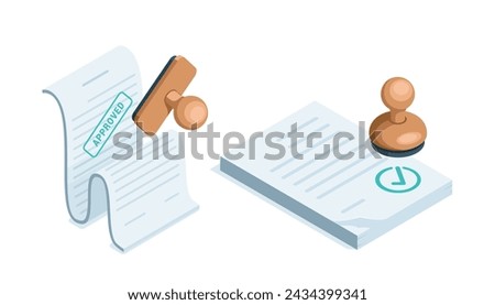 isometric stamp icon with document and checkmark in color on white background, approve or accept