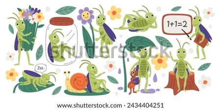 Cartoon funny green grasshopper characters playing with friends, studying, sleeping, hiding under plant leaf, trapped in glass bottle set vector illustration. Adorable cheerful insect adventure