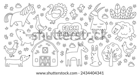 Farm animals characters cute coloring book page with outline pets set for little kids education. Horse, pig, duck, goose, rabbit, dog, hen and chicken, rooster, goat, sheep, turkey vector illustration